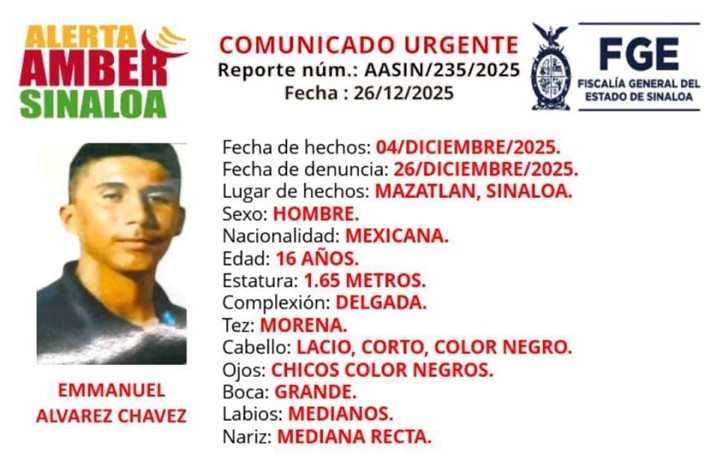 Activan Alerta Amber por desaparición de Emmanuel Álvarez Chávez en Mazatlán