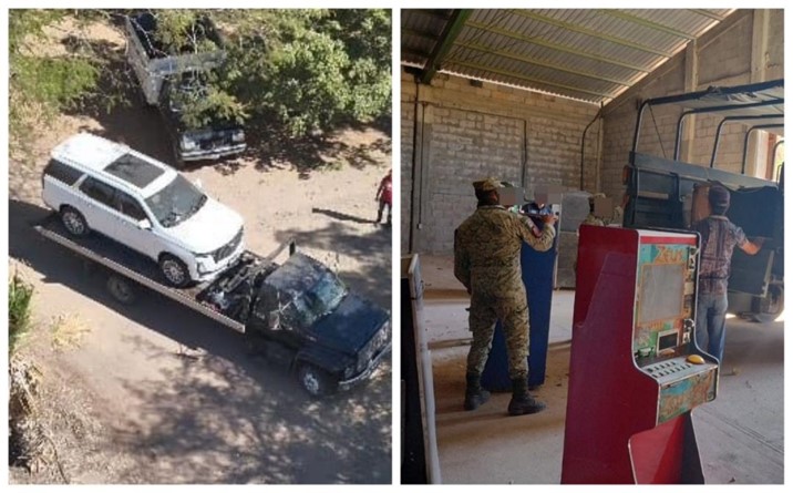  Ejército decomisa 5 vehículos y 115 maquinitas tragamonedas al sur de Culiacán