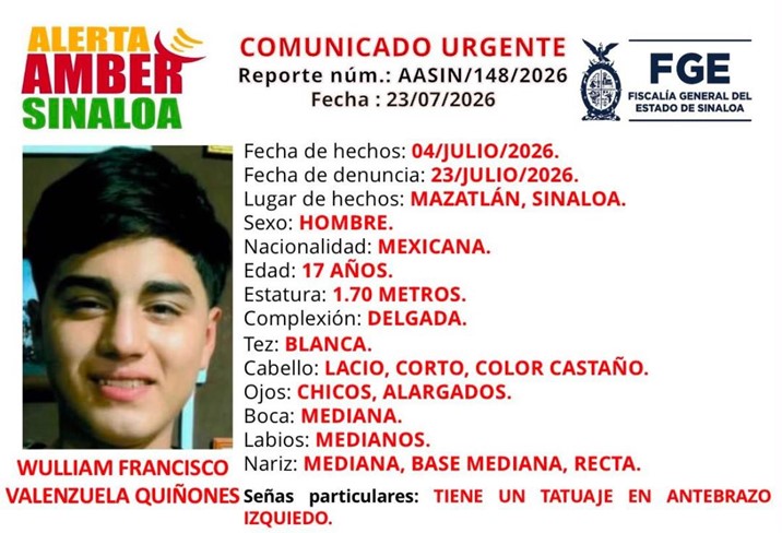 Desaparición de adolescente de 17 años en Mazatlán activa Alerta Amber