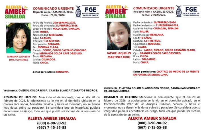 Activan Alertas Amber por dos menores desaparecidas en Culiacán y Mazatlán