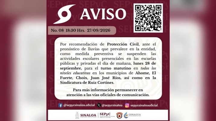  Suspenden clases este lunes en cinco municipios de Sinaloa por lluvias de Polo