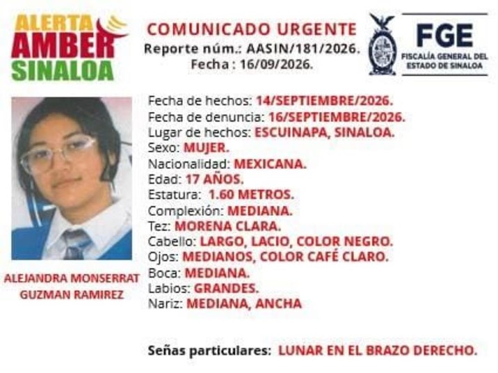 Activan Alerta Amber por adolescente desaparecida en Escuinapa