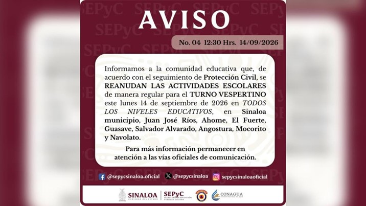 SEPyC reanuda clases vespertinas en 9 municipios tras suspensión por lluvias