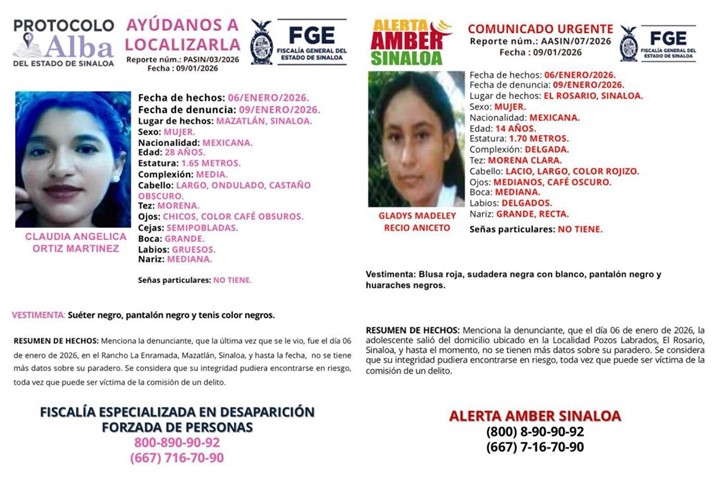  Reportan dos desapariciones de mujeres en distintos municipios de Sinaloa