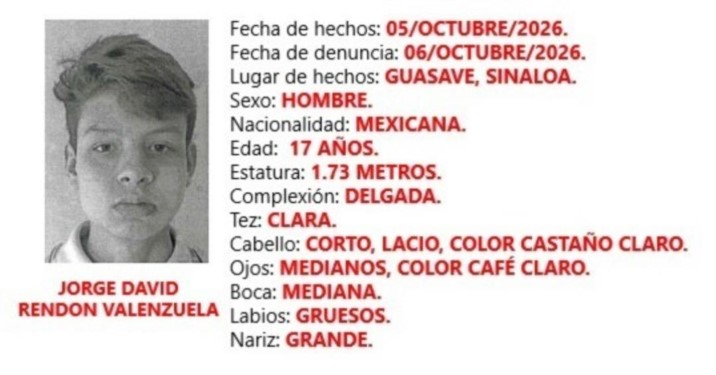 Activan Alerta Amber por adolescente de 17 años desaparecido en Guasave