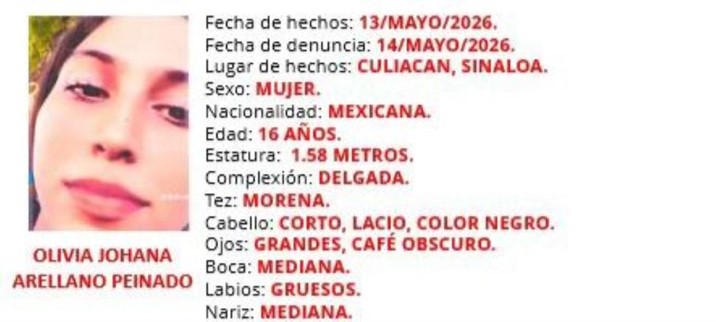 Activan Alerta Ámber por desaparición de adolescente en Culiacán
