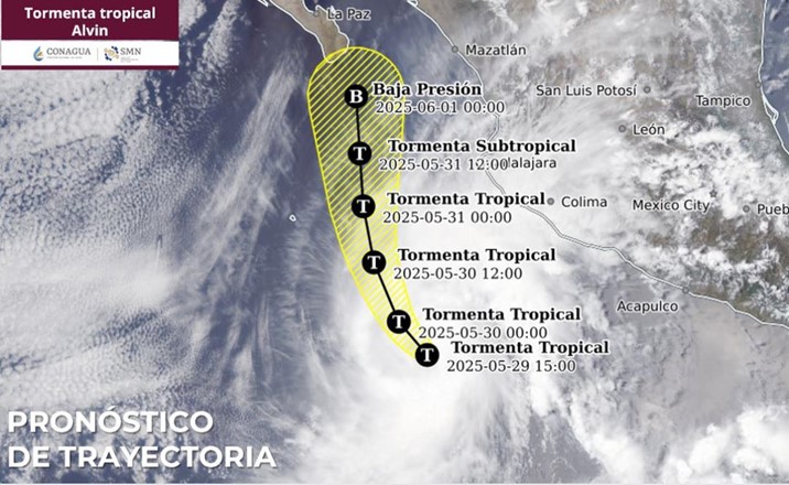 'Alvin' se fortalece en las costas de Jalisco y Colima la tarde de este jueves; mantiene trayectoria a Sinaloa